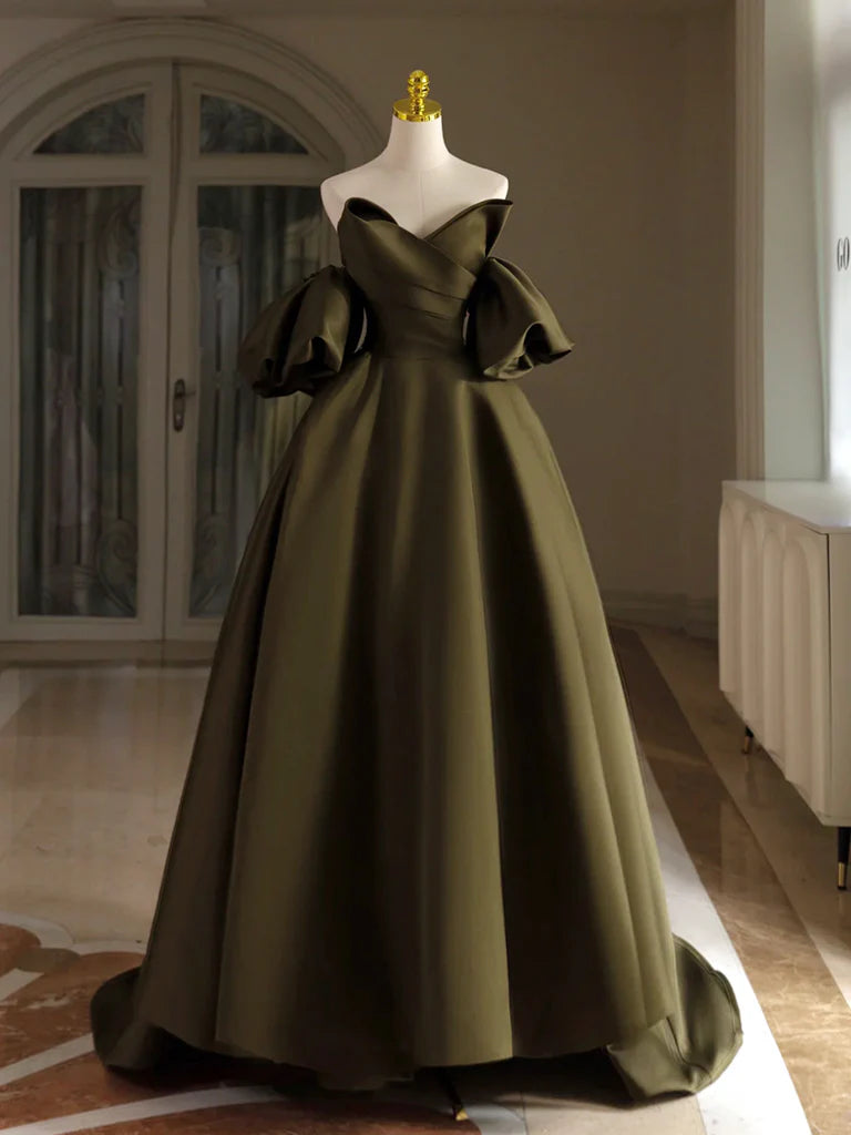 Wholesale A-Line Puff Sleeves Olive Green Satin Long Prom Dress Olive Green Long Evening Dress gowns evening dresses